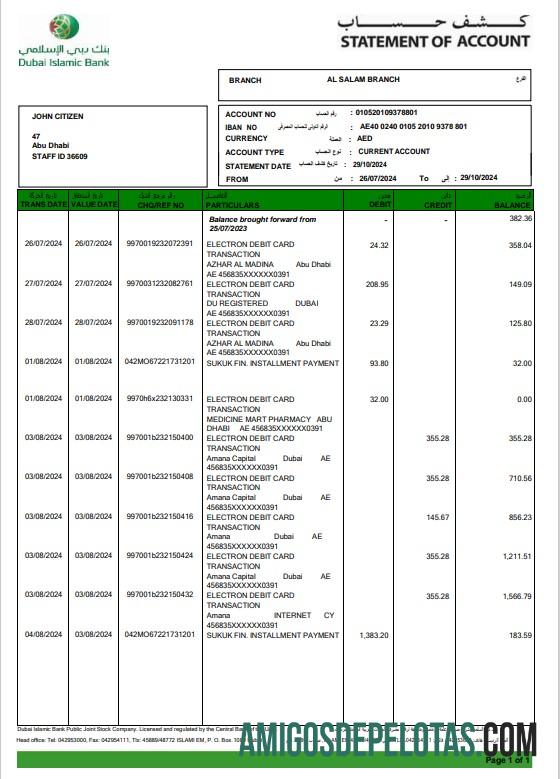 Exemplo de extrato do Banco Islâmico dos Emirados Árabes Unidos Dubai de 3 a 6 meses em Word e PDF